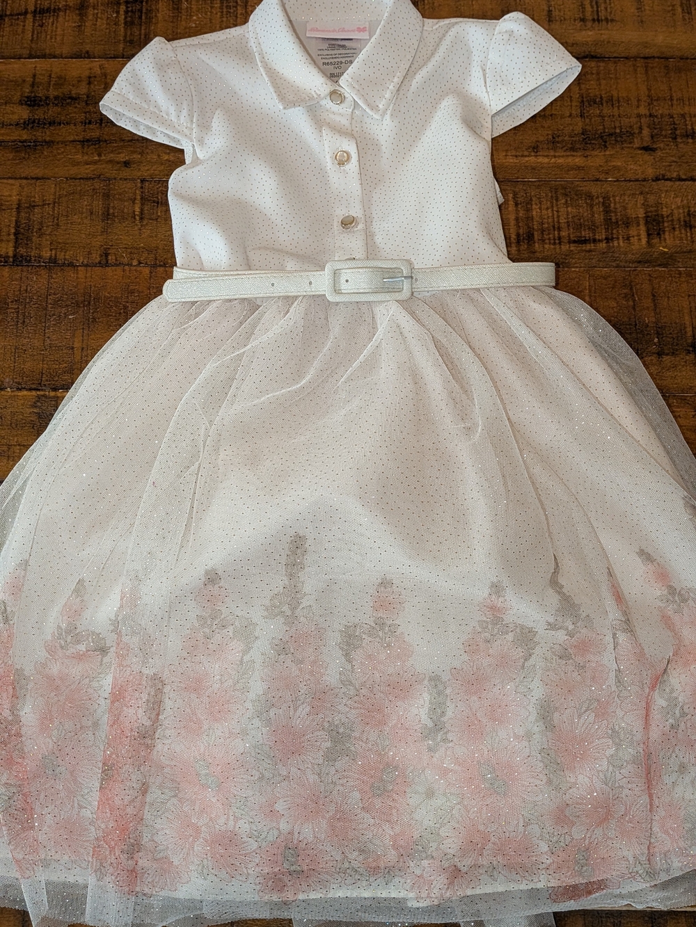 Bonnie Jean Girls 6 White Gold Sparkle Dress with Pink Floral Mesh Skirt & Belt